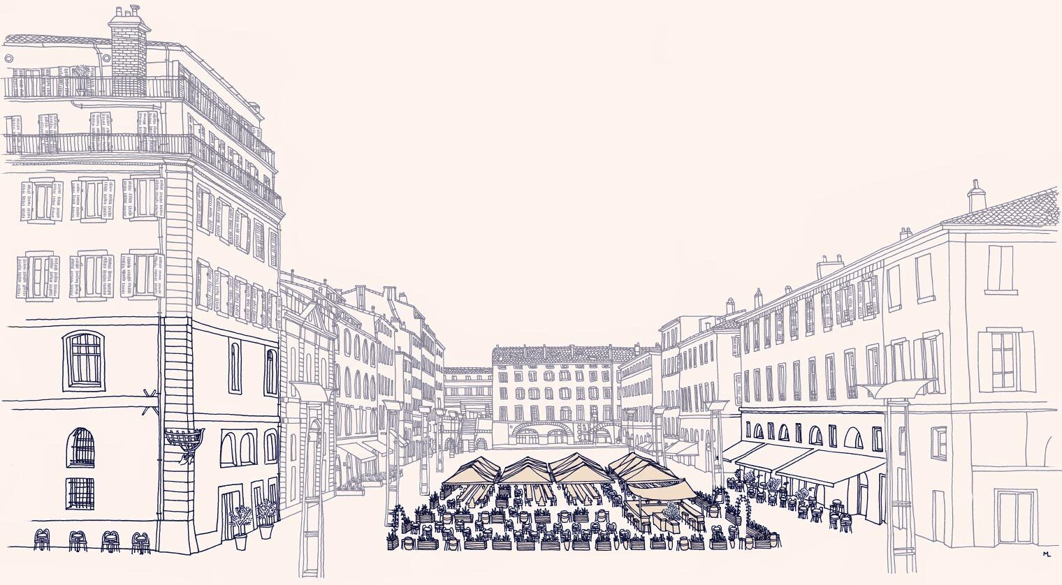 Illustration des Grands Halles du Vieux Port, de sa Terrasse, du Marché et de la Taverne